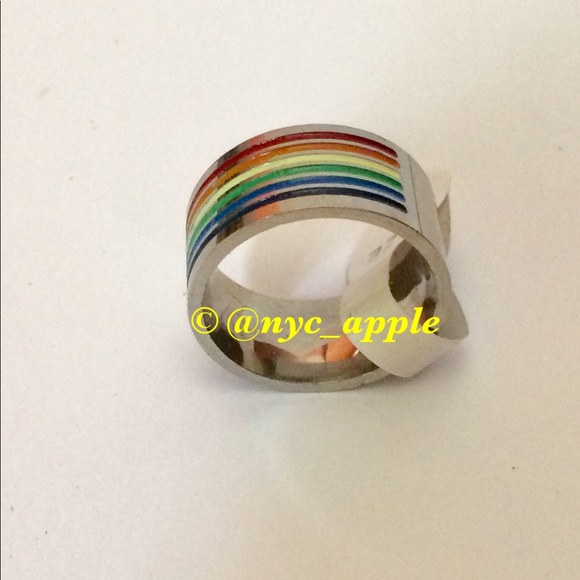 Stainless Steel Striped Rainbow Pride Ring - Picture 7 of 7